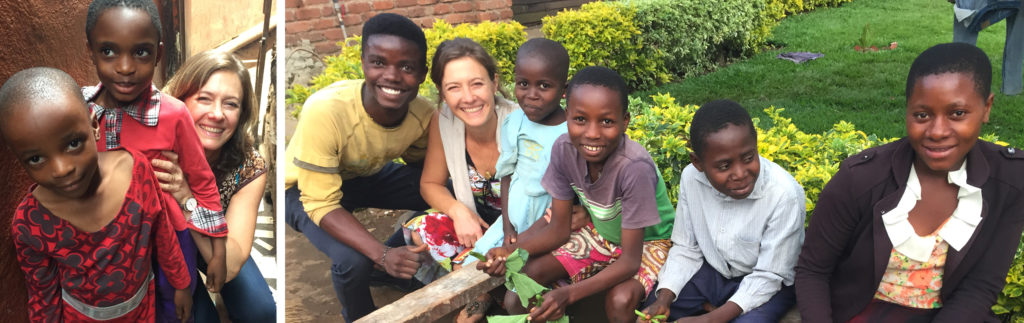 Bernadette avec 2 enfants de Bukavu (gauche) et quelques jeunes de Kajanja (droite)